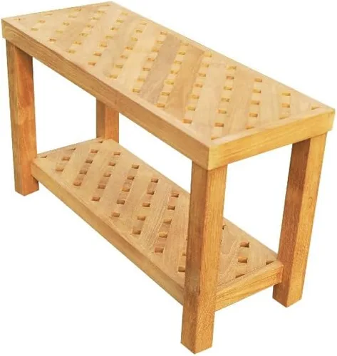Vista 2 de Banco Bunbury de teca extra grande de 30 x 12 pulgadas para ducha/baño/piscina con estante