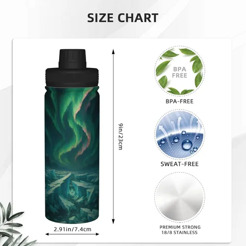 Vista 4 de Aurora Printed Insulated Water Bottle, 18oz Stainless Steel Funny Travel Mug, Leakproof Hot & Cold for Sports, Gym, Hiking