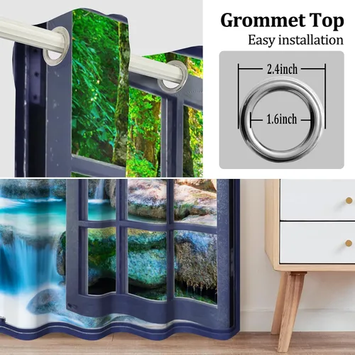 Vista 5 de Cortinas opacas de cascada, impresión 3D, vista de ventana de paisaje natural, cortinas para sala de estar, panel de cortina de río con ojales