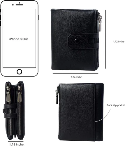 Vista 6 de Bveyzi Cartera pequeña de cuero suave para mujer, con bloqueo RFID, tarjetero con doble bolsillo con cremallera