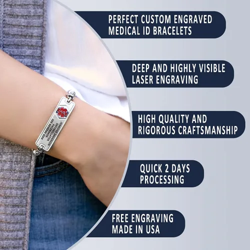 Vista 3 de Divoti Custom Engraved Medical Alert Bracelets for Women, Stainless Steel Medical Bracelet, Medical ID Bracelet wFree Engraving Classic Tag wWheat
