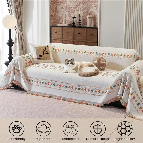 Vista 3 de 71"x71" Reversible Boho Chenille Couch Cover Sofa Slipcover for Dogs Fade-Resistant Sofa Cover for 2-3 Cushion, L-Shape Sectional Sofa Soft