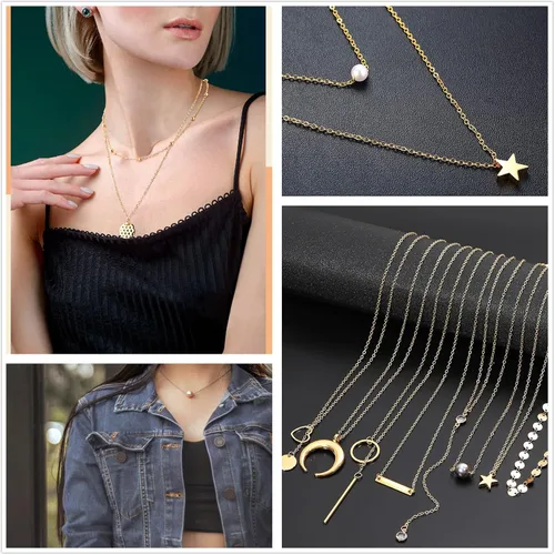 Vista 3 de Honsny 25 collares de gargantilla en capas para mujeres y niñas, juego de collar multicapa de oro, ajustable, delicado, luna, estrella, moneda