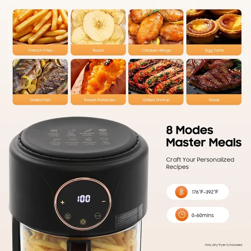Vista 7 de Freidora de aire de vidrio de 4.44Qt 1200W, control de temperatura y tiempo 8 en 1 Black Non Toxic Air Fryer with Stainless Steel Grill 360° View