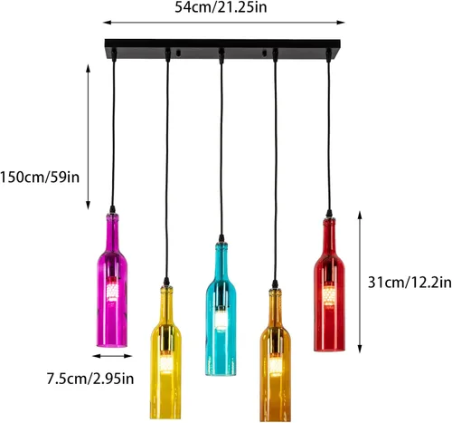 Vista 2 de Lámpara de techo industrial retro creativa con 5 luces para botella de vidrio, iluminación colgante de botella de vino de colores para cafetería