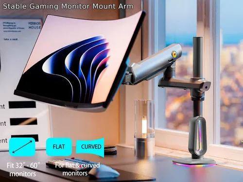 Vista 4 de NB Brazo de monitor de juego de altura extra para pantalla de 32 a 60 pulgadas, carga de hasta 20 kg, VESA 75/100, luz RGB, resistente, ajustable