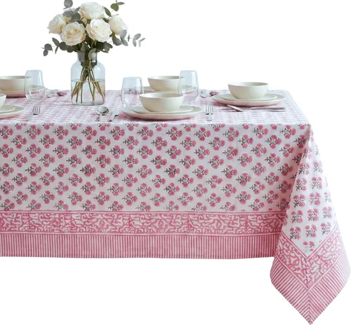 Vista 55 de ATOSII Mantel 100% algodón, Amara, floral, hecho a mano, rectangular, de lino, para cocina, comedor, fiestas, bodas, exteriores, picnics, Pascua