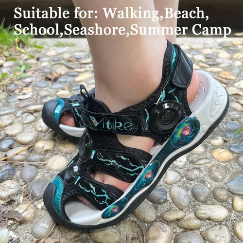 Vista 6 de JMFCHI Sandalias deportivas de verano para niños y niñas, sandalias de punta cerrada para exteriores, zapatos atléticos para agua, sandalias