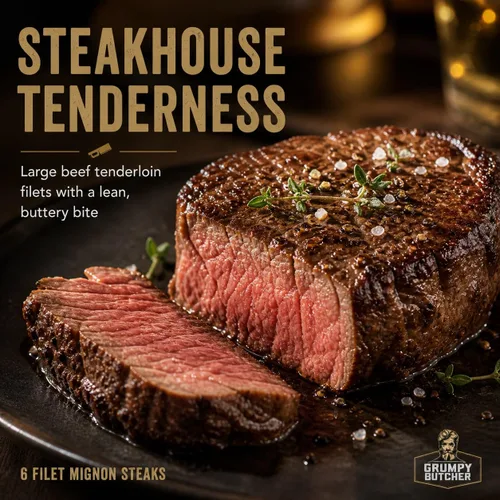 Vista 3 de Grumpy Butcher - Filetes de filete grande Mignon, paquete de 6 (8 onzas cada uno) – Filete de lomo de ternera tamaño Prime Steakhouse – Para entrega