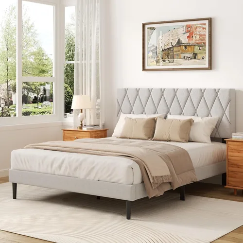 Vista 13 de CXVX Marco de cama tamaño completo con cabecera capitonada de diamante, cama plataforma tapizada en terciopelo y soporte de listones de madera, sin