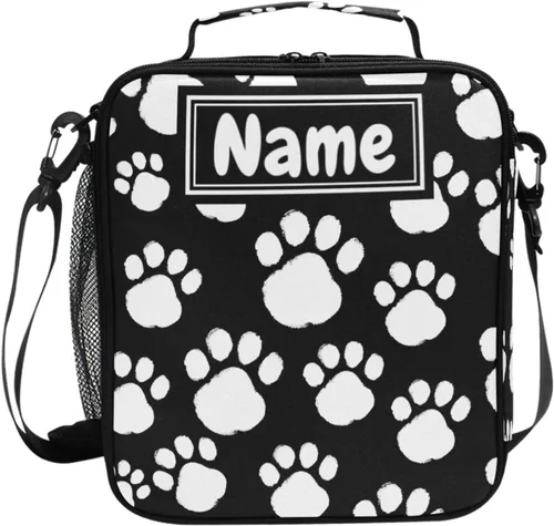 Vista 45 de Lonchera con patrón de cuadros blancos y negros, bolsa de almuerzo aislada, bolsa de preparación para niños, correa de hombro congelable a001
