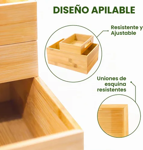 Vista 4 de HOMESTEAD - Caja de almacenamiento apilable de bambú de 3 piezas, contenedor de almacenamiento grande, cajas de madera para cajones de maquillaje