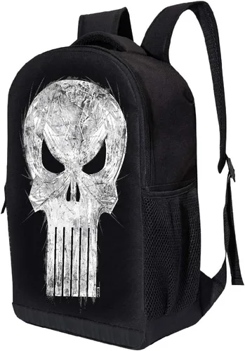 Vista 2 de Marvel Mochila con logotipo retro de los cómics, bolsa acolchada de malla de aire de 18 pulgadas con logotipo retro negro, Logotipo de Punisher