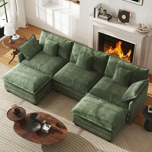 Vista 15 de Sofá de nube en forma de L de 77 pulgadas, sofá modular con otomana, cómodo sofá biplaza de felpilla con almohada para sala de estar, dormitorio