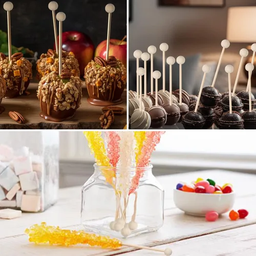 Vista 4 de BENBO 100 palitos de madera con bola, palitos de madera Swizzle Sticks Cake Candy Lollipop Coffee Aperitivo, brochetas agitadoras de bebidas