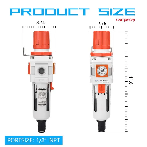Vista 3 de NANPU 1/2 "NPT Embedded Gauge Compressed Air Filter/Regulador Piggyback Combo, Drenaje Automático, Elemento de Latón de 5 Micrones, Cuenco