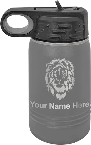 Vista 71 de LaserGram Botella de agua personalizada, cabeza de león, acero inoxidable de doble pared aislada al vacío con popote superior, regalo grabado
