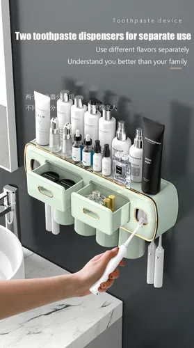 Vista 3 de Soporte para cepillos de dientes montado en la pared para baño y baño, kit de exprimidor de pasta de dientes doble automático, kit de exprimidor