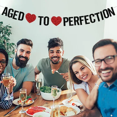 Vista 3 de PALASASA Cartel de "Envejecido a la perfección" – Decoración negra brillante para fiesta de aniversario de cumpleaños número 30, 40, 50, 60, 70, 80