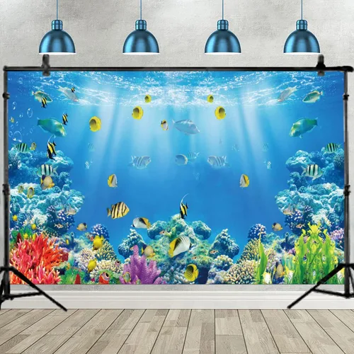 Vista 2 de Telón de fondo bajo el mar de 5 x 3 pies con fondo de sirena de océano, baby shower, país de las maravillas, acuario, corales, fiesta de cumpleaños