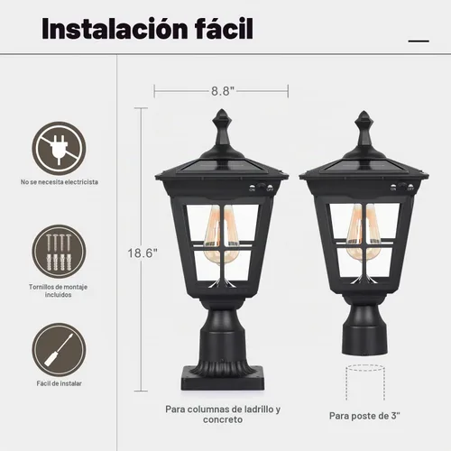 Vista 3 de Lámpara solar para poste de luz, aluminio fundido, impermeable, luces LED de pilar con vidrio para exteriores, del atardecer al amanecer, luz solar