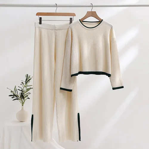 Vista 2 de Conjunto de dos piezas para mujer, para salir, cómodo, suéter de punto, pierna ancha, pantalones de cintura elástica, conjuntos de ropa deportiva