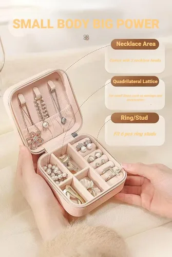 Vista 3 de Sazfli Joyero de viaje, pequeñas cajas organizadoras de joyas, estuche de joyería portátil para mujeres y niñas, de piel sintética, mini organizador