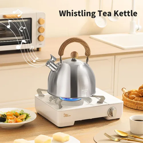 Vista 3 de Hervidor de té de acero inoxidable 18/8 para estufa (2L / 2.1 cuartos, tetera silbante, mango de madera) - Plateado