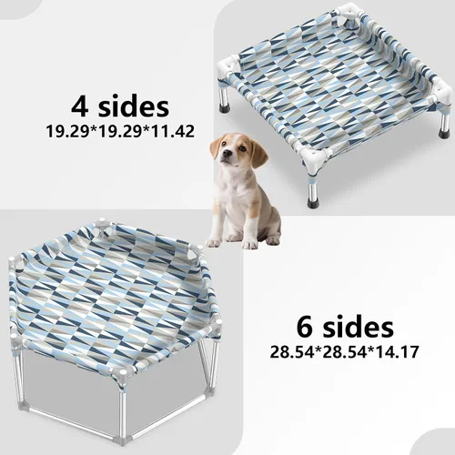 Vista 6 de Cama elevada para perros con barandilla completa, sofá cama elevada para perros, cama hexagonal para cachorros, cuna refrescante para mascotas al