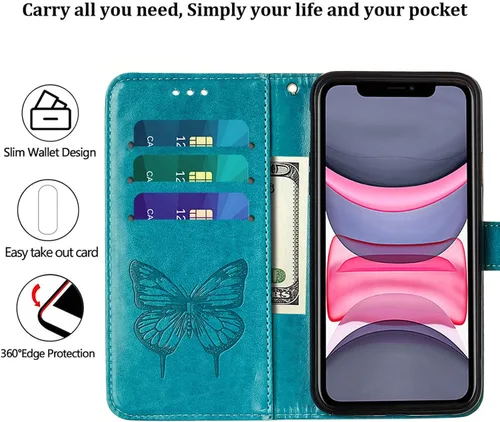 Vista 8 de Funda tipo cartera para iPhone 11, diseño de mariposas y flores (azul) Embossed PU Leather, TPU Interior, Flip Case Folio Cover, Stand, Cash