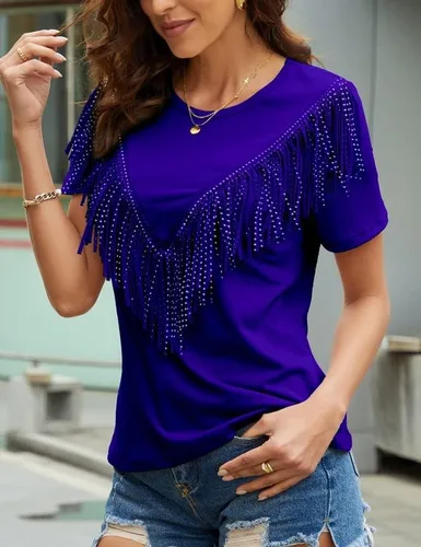 Vista 2 de PESION Camisas de manga corta con flecos para mujer, blusa con ribete de borlas