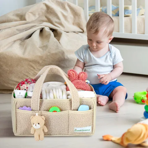 Vista 6 de Buzz&Bloom Organizador de pañales de peluche para bebé, elegante cesta de almacenamiento para artículos esenciales para recién nacidos y estación