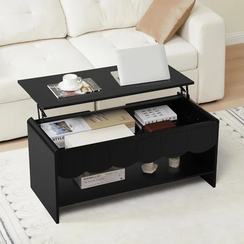 Vista 8 de Mesa de centro elevable con compartimento oculto, mesa central de madera de 2 niveles con panel ondulado, moderna mesa elevadora para el hogar, sala