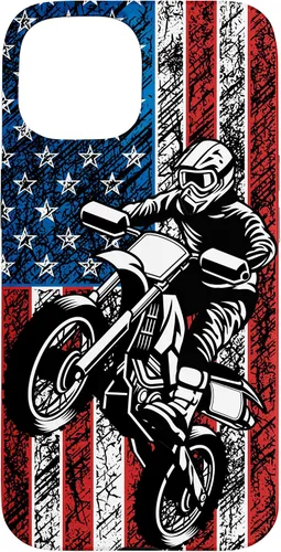 Vista 6 de Funda vintage con bandera estadounidense para iPhone 16 Motocross Dirt Bike