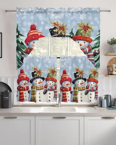 Vista 14 de Juego de cortinas de cocina con cenefa de Navidad de invierno, 3 piezas con bolsillo para barra, cortinas para dormitorio, sala de estar, baño