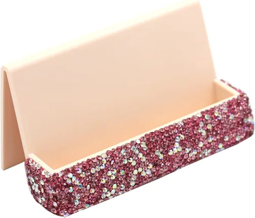 Vista 7 de Tarjetero de cristal con diamantes de imitación para escritorio, soporte de exhibición de tarjetas de visita de escritorio (dorado)