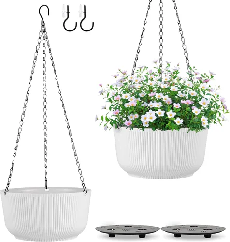 Vista 10 de Juego de 2 macetas colgantes para plantas de interior y exterior, macetas colgantes de riego automático de 8 pulgadas con platillo interno, orificio