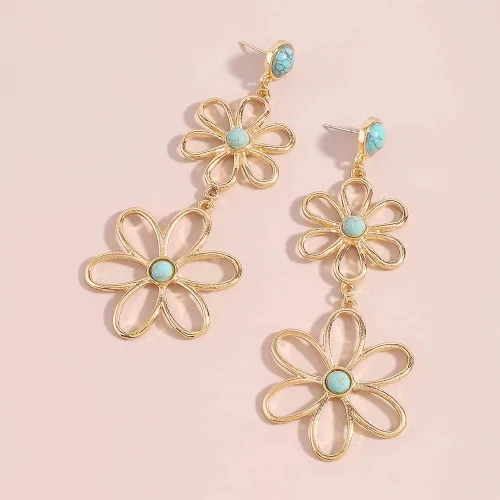 Vista 4 de Aretes colgantes de flores turquesas para mujer, con borla larga, margarita, flor de cerezo, piedra natal azul, colgante, bohemios, ligeros, regalos