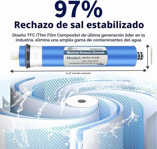 Vista 3 de Kit de carcasa de membrana de ósmosis inversa Huining 50GPD-1812/2012 con conector rápido de 1/4, válvula de retención, tubería de agua, llave