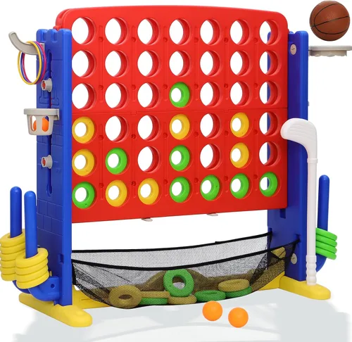 Vista 7 de Juego gigante 4 en una fila, juego de patio jumbo de ajuste de altura para niños y adultos con bolsa de captura de malla, golf, aro de baloncesto