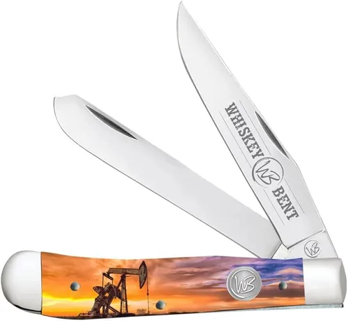 Vista 14 de WHISKEY BENT HAT CO. Navaja de bolsillo plegable tradicional Trapper de 4.125 pulgadas, longitud cerrada, cuchillas de acero inoxidable 440C (azteca)