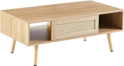 Vista 3 de Mesa de centro de ratán con armario de almacenamiento y estante abierto, mesa central de madera con puerta corredera de ratán, muebles modernos