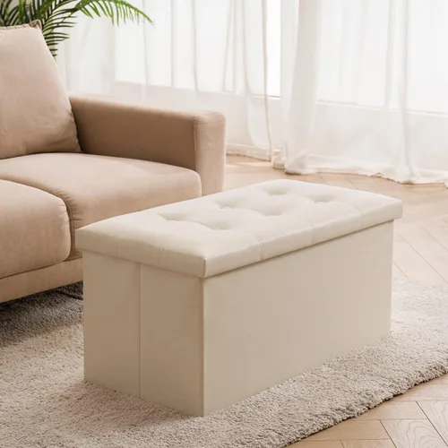 Vista 4 de YOUDENOVA Otomana plegable de almacenamiento, otomana de piel sintética, reposapiés otomano, asiento acolchado para dormitorio y sala de estar, Beige
