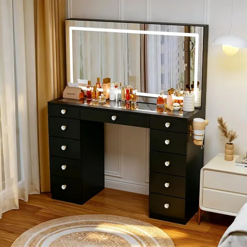Vista 3 de Escritorio de tocador con 11 cajones con parte superior de cristal con silla, manijas de cristal con espejo y luces, tocador con toma de corriente