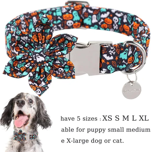 Vista 2 de Collar de Halloween para perro con flor, collar de flores de algodón de calabaza para cachorros, hembras, perro o gato, collar de flores