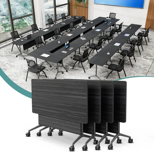Vista 33 de Mesa de conferencias plegable con ruedas, mesa modular para sala de conferencias con 2 ojales para cables, mesas móviles de sala de reuniones