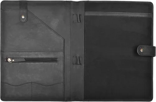 Vista 8 de Portafolio de cuero genuino – Elegante organizador profesional negro y carpeta para currículum, portadocumentos de cuero antiguo para negocios