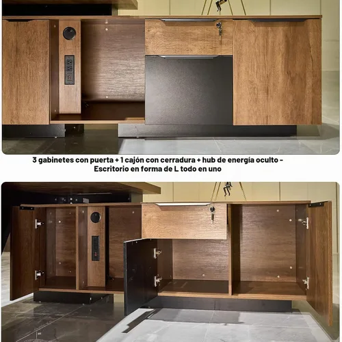 Vista 7 de SAINTCY Escritorio ejecutivo retráctil en forma de L, escritorio de oficina de grado comercial con gabinete de almacenamiento reversible Retorno