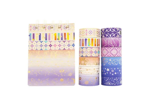 Vista 6 de YUBBAEX Galaxy - Juego de cinta adhesiva Washi con estrellas púrpuras decorativas, cinta adhesiva de lámina plateada y dorada para arte