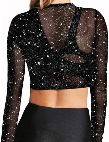 Vista 2 de MANGOPOP Blusa corta de manga corta de malla transparente para mujer